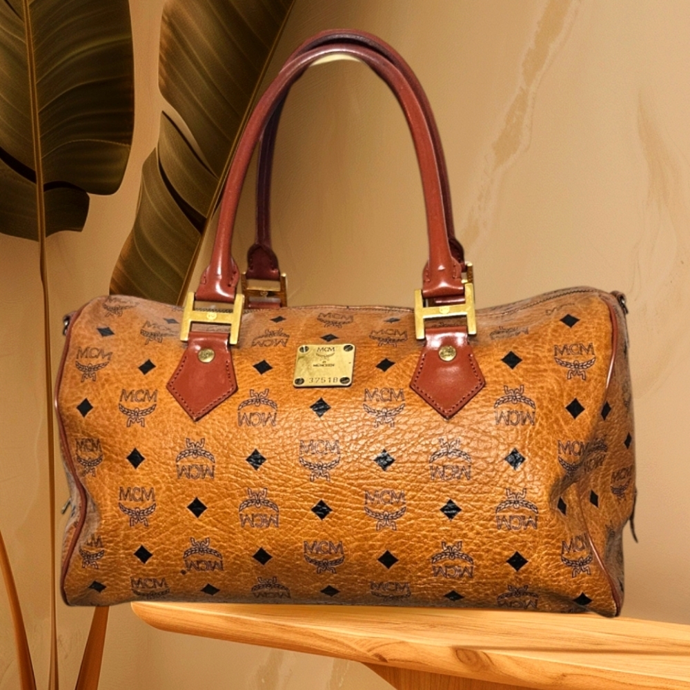 MCM Visetos Cognac Boston Bag